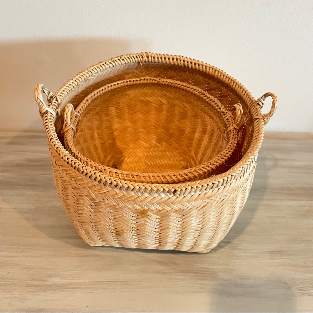 Set of 2 Vintage Texture Weave Bamboo Stacking Baskets